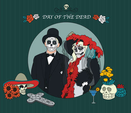 A man and a woman in colorful disguises on the day of the dead. hand drawn style vector design illustrations.のイラスト素材
