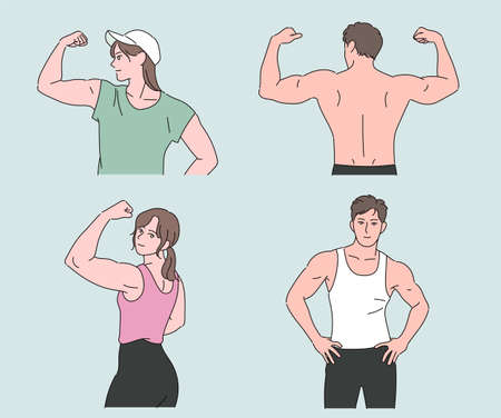 Fitness people showing great muscles. hand drawn style vector design illustrations.のイラスト素材