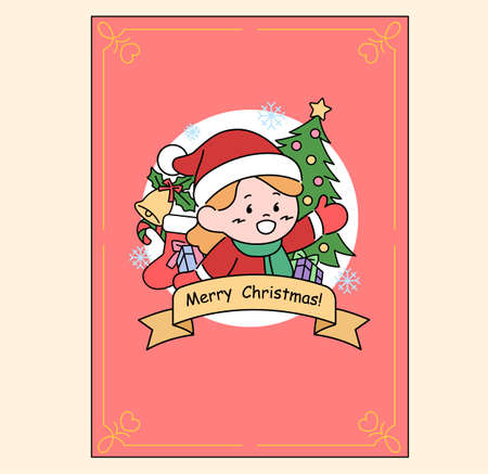Card with cute Santa girl logo. hand drawn style vector design illustrations.のイラスト素材