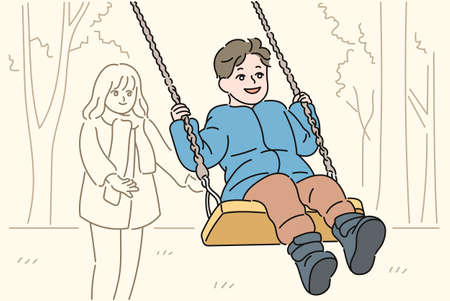 A boy is riding on a swing. hand drawn style vector design illustrations.のイラスト素材