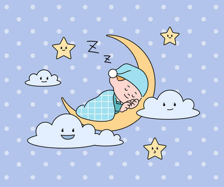A cute child in pajamas is sleeping on the crescent moon. hand drawn style vector design illustrations.のイラスト素材