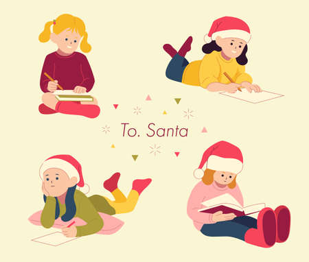 Cute children are writing letters to Santa. hand drawn style vector design illustrations.のイラスト素材