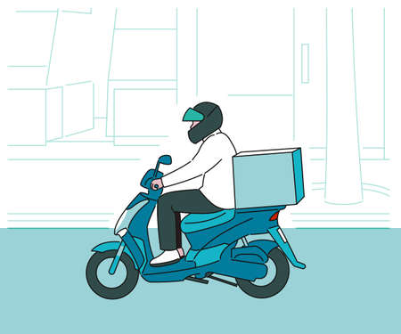 A delivery man wearing a helmet is running on a motorcycle. hand drawn style vector design illustrations.のイラスト素材