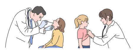 A doctor treating children. hand drawn style vector design illustrations.のイラスト素材