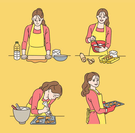 A woman is baking cookies. hand drawn style vector design illustrations.のイラスト素材