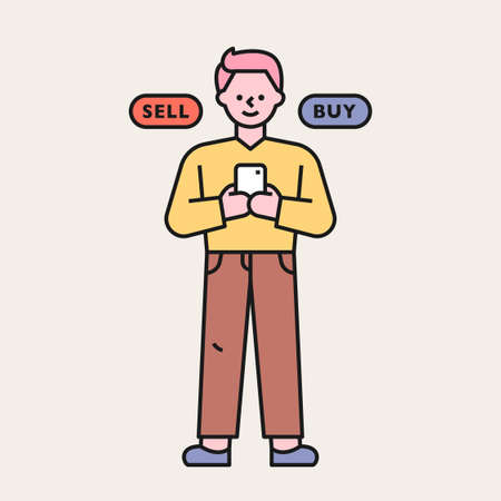 A man is buying and selling stocks on mobile. flat design style minimal vector illustration.のイラスト素材
