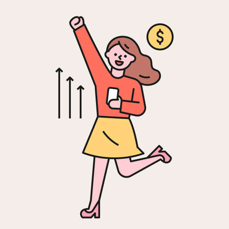 A woman is delighted with the stocks going up. flat design style minimal vector illustration.のイラスト素材