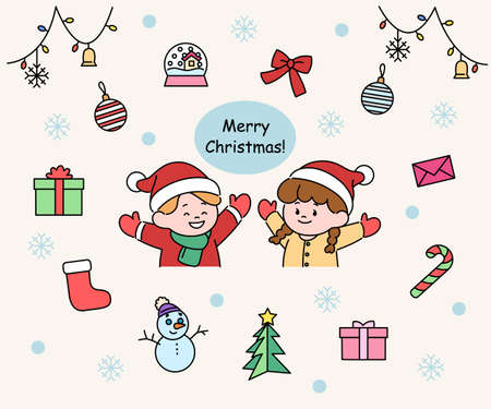 Set of cute Christmas couples and Christmas icons. hand drawn style vector design illustrations.のイラスト素材
