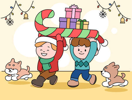 Cute children are carrying presents and puppies are following them. hand drawn style vector design illustrations.のイラスト素材