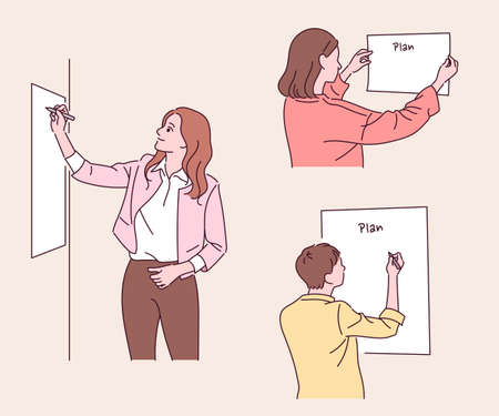 People sticking boards to the wall and writing. hand drawn style vector design illustrations.