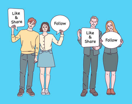 People holding message board. hand drawn style vector design illustrations.