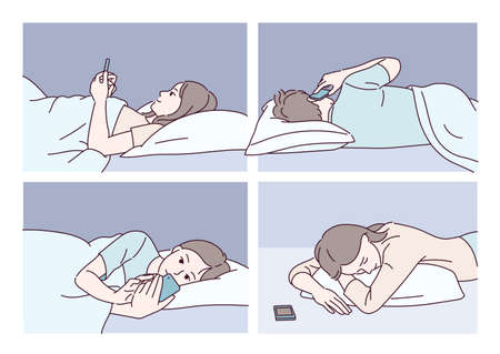 People lying in bed and watching mobile phones. hand drawn style vector design illustrations.のイラスト素材