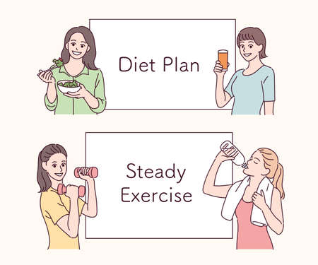Women characters making a diet plan. hand drawn style vector design illustrations.のイラスト素材