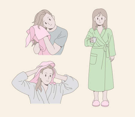 A girl is drying her hair with a towel. A girl is wearing a shower gown. hand drawn style vector design illustrations.のイラスト素材