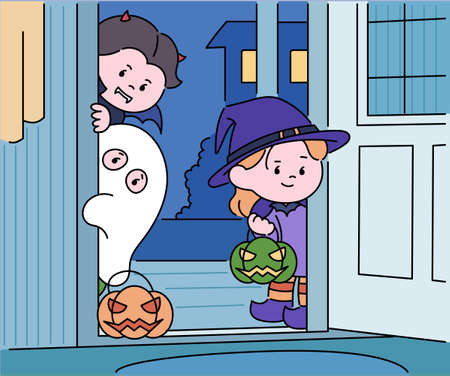 Children in Halloween costumes are standing outside the door and looking into the house. hand drawn style vector design illustrations.のイラスト素材