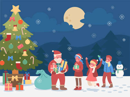 On a snowy day, under the big Christmas tree, Santa is handing out presents to the children. hand drawn style vector design illustrations.のイラスト素材