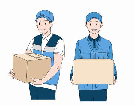A deliveryman holding a courier box. hand drawn style vector design illustrations.のイラスト素材