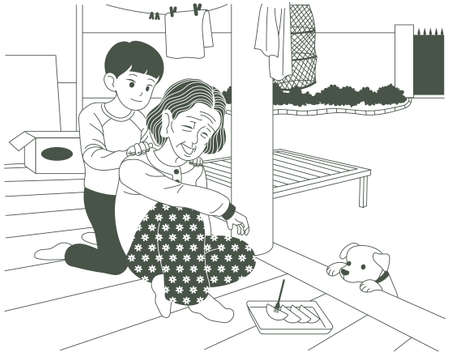 A young grandson is doing a massage on the shoulder of a grandmother living in the countryside. hand drawn style vector design illustrations.のイラスト素材