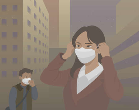 People are wearing masks on days when the air is bad due to yellow dust. hand drawn style vector design illustrations.のイラスト素材