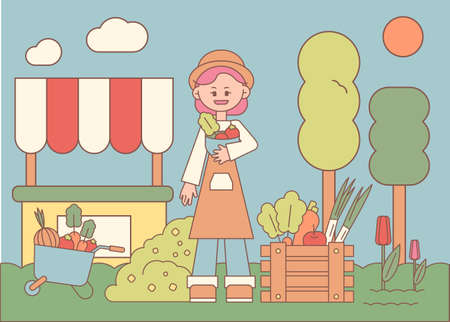 A woman wearing an apron is selling fresh vegetables and fruits. flat design style minimal vector illustration.のイラスト素材