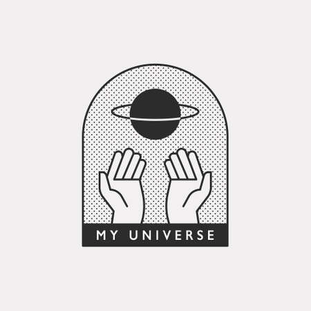 Two hands are supporting the planet. Black color hipster design illustration.のイラスト素材
