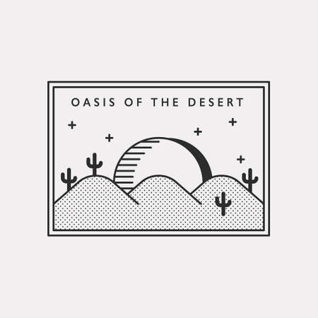 Oasis in the desert. Moon landscape illustration icon floating in the desert with cactus. Black color hipster design.のイラスト素材