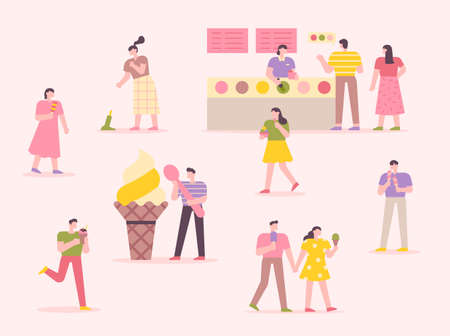 Many people are eating ice cream. Ice cream shop with pink background. flat design style minimal vector illustration.のイラスト素材