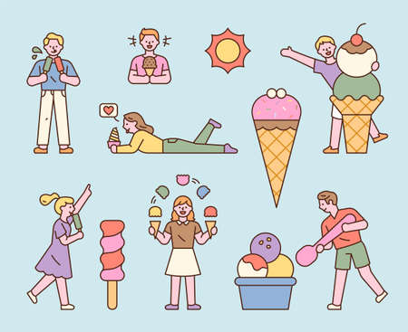 People are enjoying several types of ice cream. flat design style minimal vector illustration.のイラスト素材