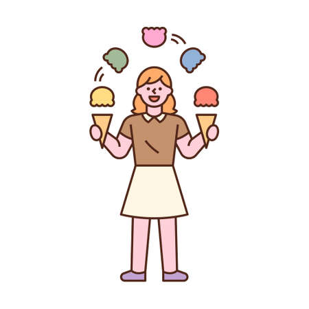 A woman is juggling ice cream. flat design style minimal vector illustration.のイラスト素材