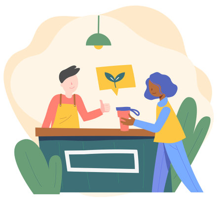 A woman using a tumbler instead of a disposable cup in a cafe. flat design style minimal vector illustration.のイラスト素材