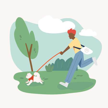 A man taking a walk with his dog in the park. flat design style minimal vector illustration.のイラスト素材