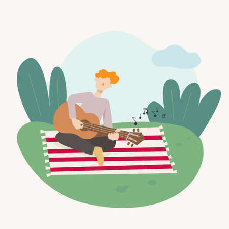 A man is sitting on a blanket in the park and playing the guitar. flat design style minimal vector illustration.のイラスト素材