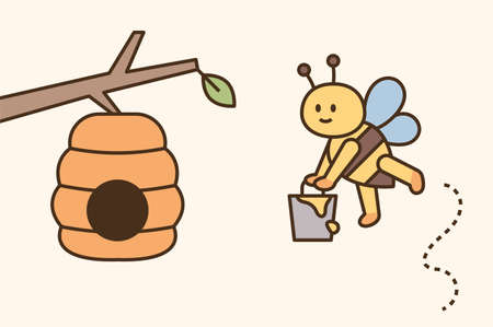 A cute bee is carrying honey in a bucket and bringing it home. flat design style minimal vector illustration.のイラスト素材