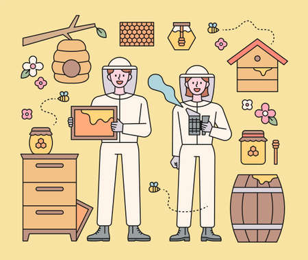 Beekeeper characters and beekeeping equipment. flat design style minimal vector illustration.のイラスト素材