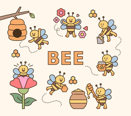 Cute bees collecting honey. flat design style minimal vector illustration.のイラスト素材