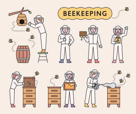 Beekeepers raise bees and collect honey. flat design style minimal vector illustration.のイラスト素材