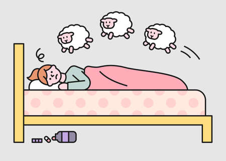A girl is counting the amount after taking sleeping pills for insomnia. flat design style minimal vector illustration.のイラスト素材