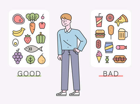 A man sorts diet-friendly foods and high-calorie foods. flat design style minimal vector illustration.のイラスト素材