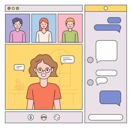 People are having a video chat. flat design style minimal vector illustration.