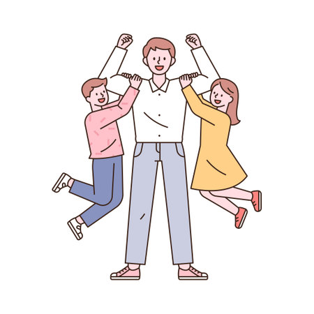 The children are happy to hang on their father's arm. flat design style minimal vector illustration.のイラスト素材