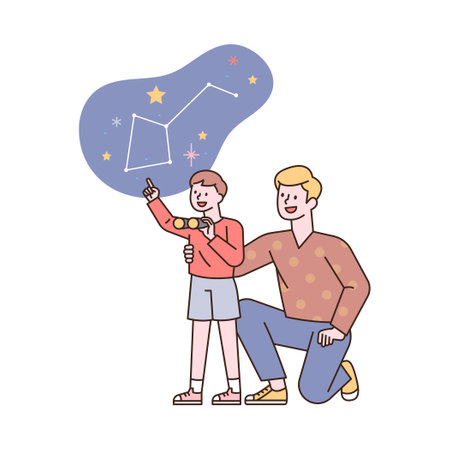 Dad and son are enjoying themselves while observing the constellations together. flat design style minimal vector illustration.のイラスト素材