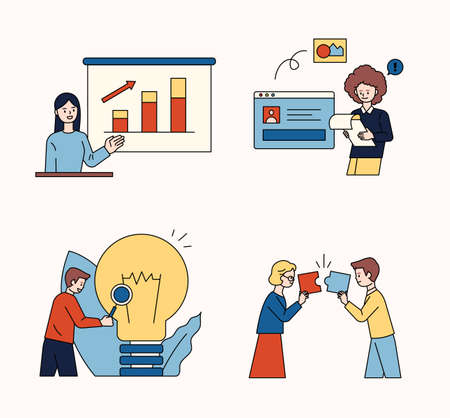 Composition of business people and business icons. flat design style minimal vector illustration.のイラスト素材