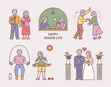 Happy senior couple lifestyle. flat design style minimal vector illustration.のイラスト素材