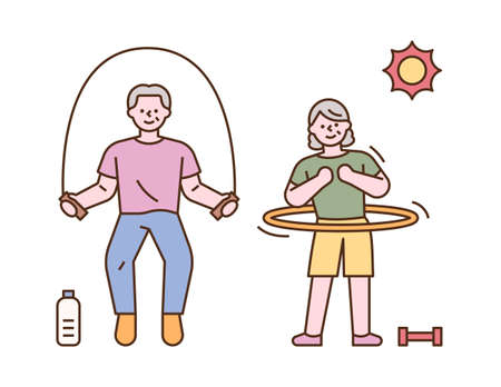 Senior couples are playing rope skipping together. flat design style minimal vector illustration.のイラスト素材