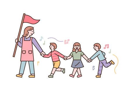 The teacher is walking with the children holding hands. flat design style minimal vector illustration.のイラスト素材