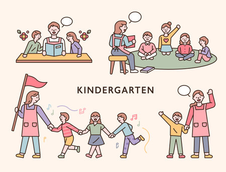Teachers and children in kindergarten. flat design style minimal vector illustration.のイラスト素材