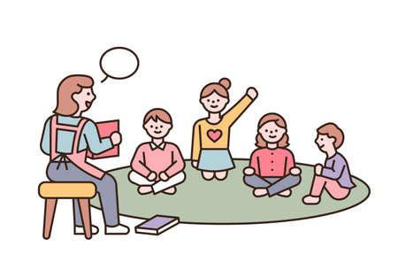 The teacher is teaching and the children are sitting and listening. flat design style minimal vector illustration.のイラスト素材