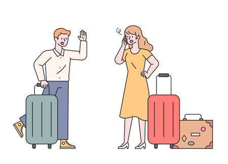A man running late, a woman angry on the phone. flat design style minimal vector illustration.のイラスト素材