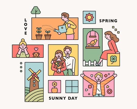 Collection of spring collage illustrations. flat design vector minimal style.のイラスト素材