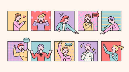 People are sticking out from the window and pointing their fingers at others. flat design style...